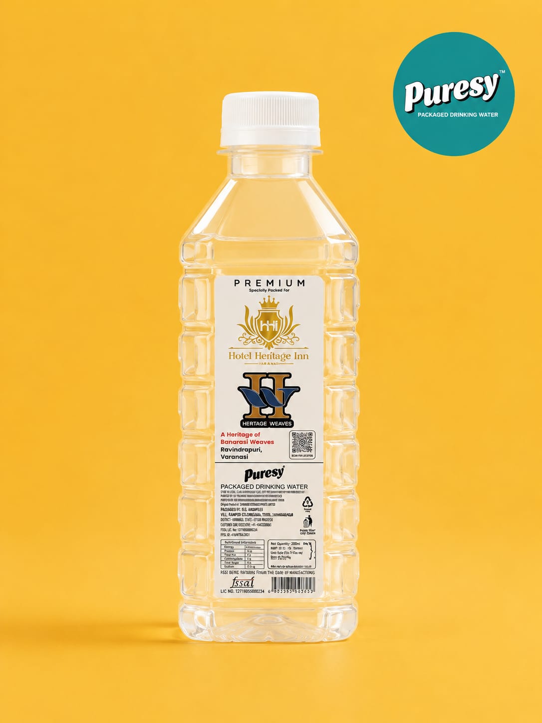 Puresy 200 ml bottle with Hotel Heritage Inn label