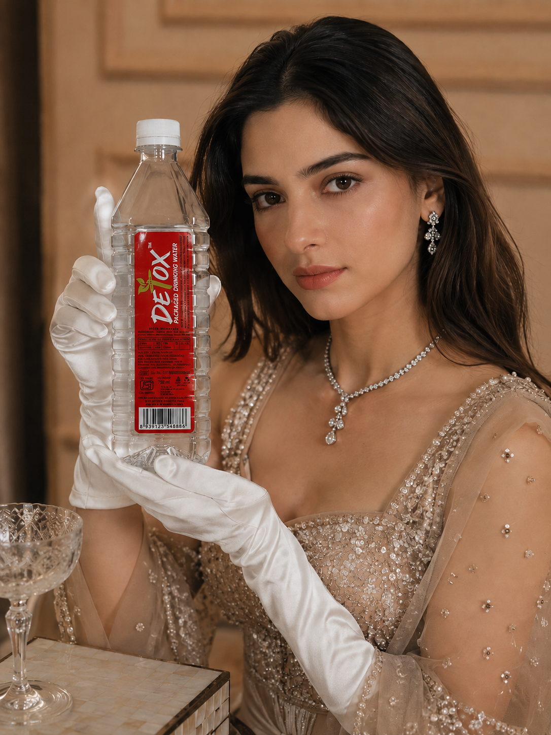 Model in gloves holding a Detox 750 ml bottle