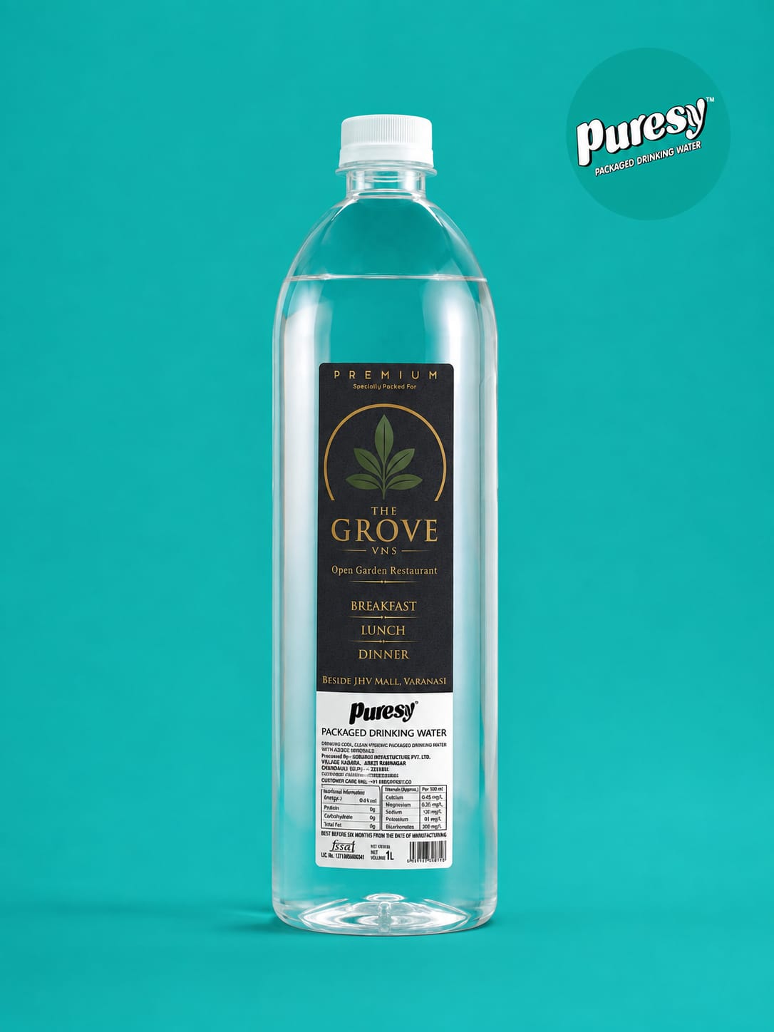 Puresy 1 litre bottle with The Grove VNS restaurant label