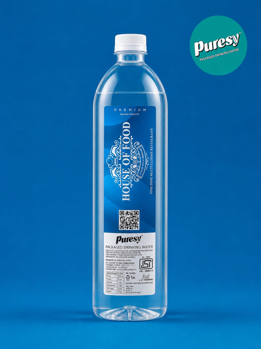 Puresy 1 litre bottle with House of Food restaurant label