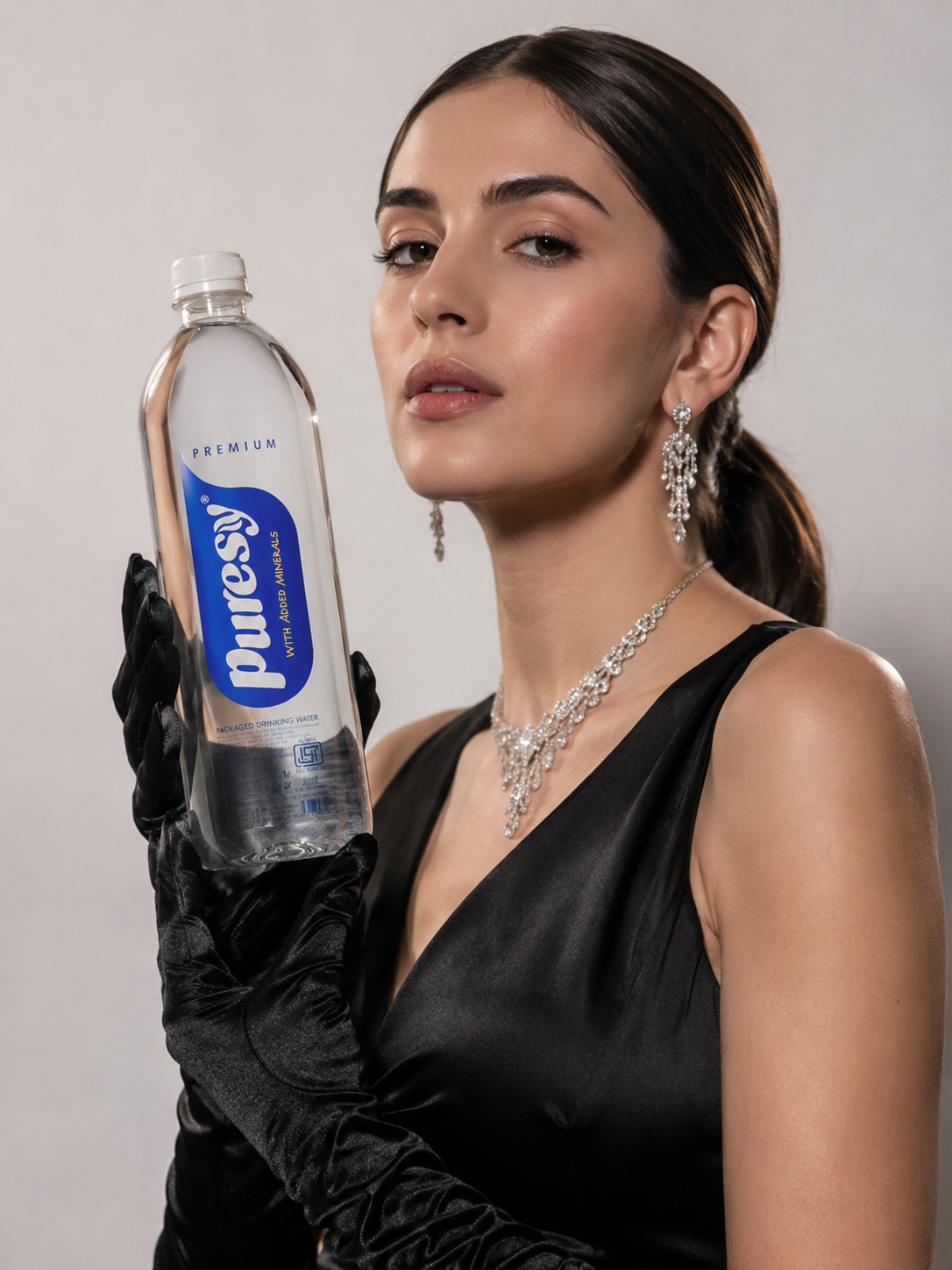 Model in black holding a Puresy Premium blue label bottle