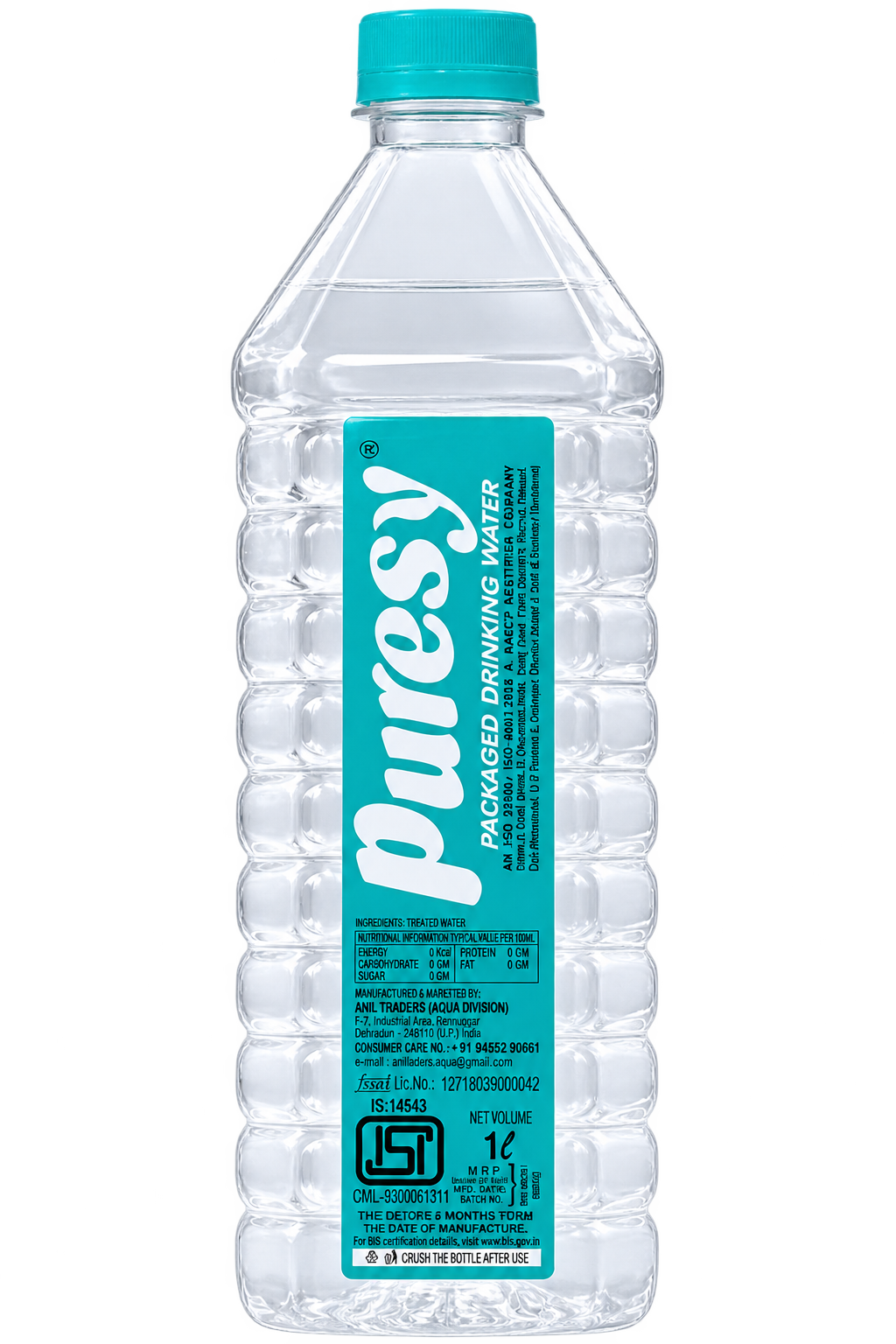 Puresy 1 litre packaged drinking water bottle